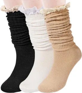3 Pairs Slouch Socks for Women, Ruffle Frilly Turn Cuff Socks, Vintage Knit Scrunch Knee High Boot Socks Size 5-11