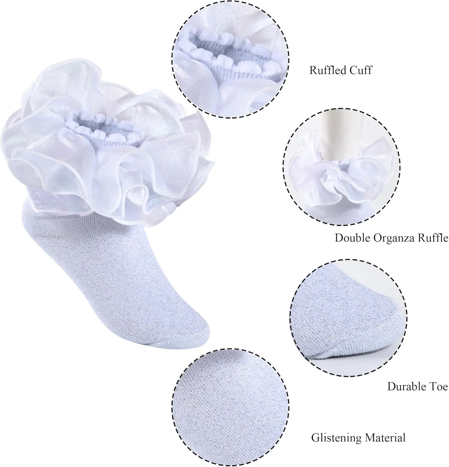 4 Pairs Girls Ruffle Socks Big and Shimmering Lace Sock Ruffled Dress Socks for Girl Toddler