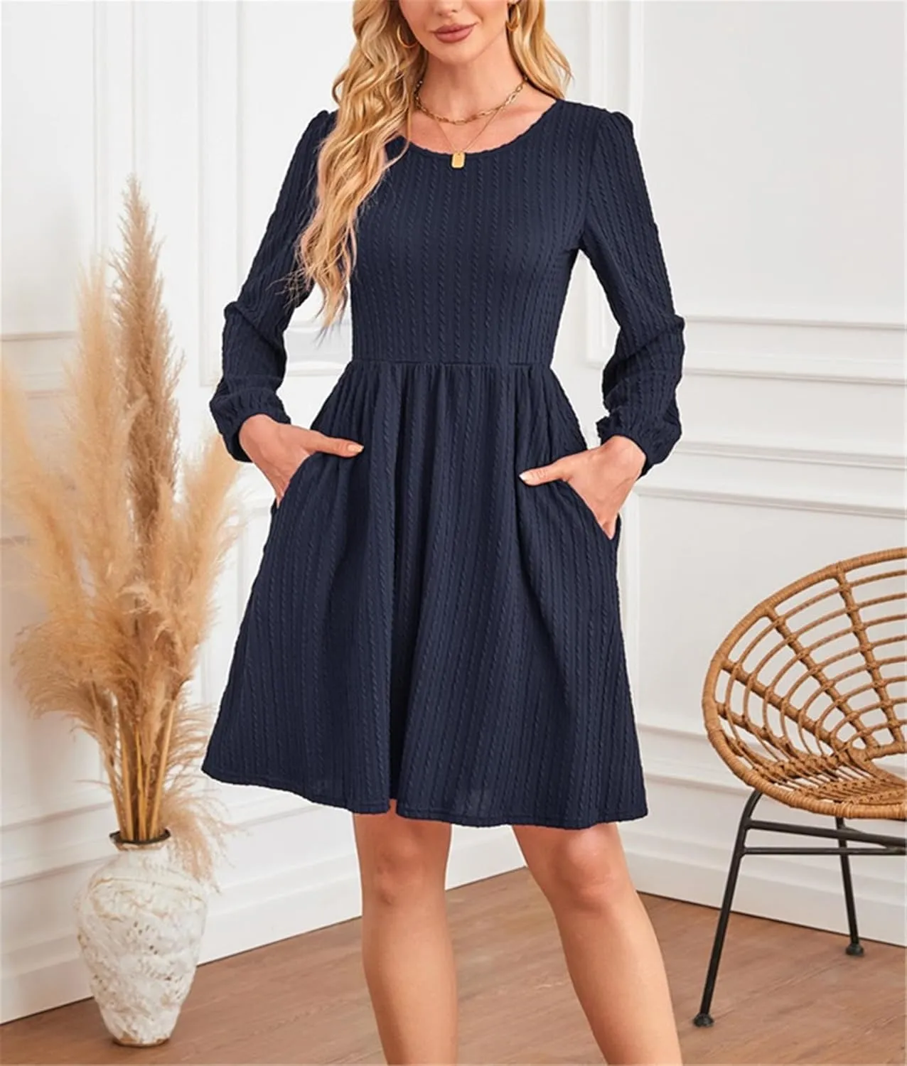 AELSON Womens Fall Dresses Crew Neck Long Sleeve A Line Winter Knit Sweater Dress Casual