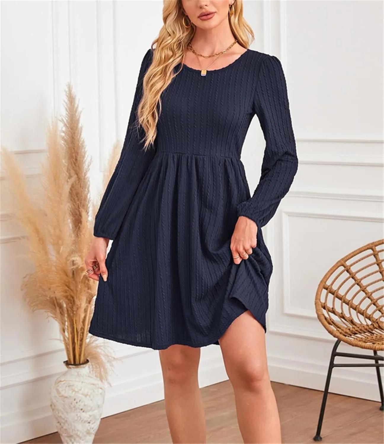 AELSON Womens Fall Dresses Crew Neck Long Sleeve A Line Winter Knit Sweater Dress Casual