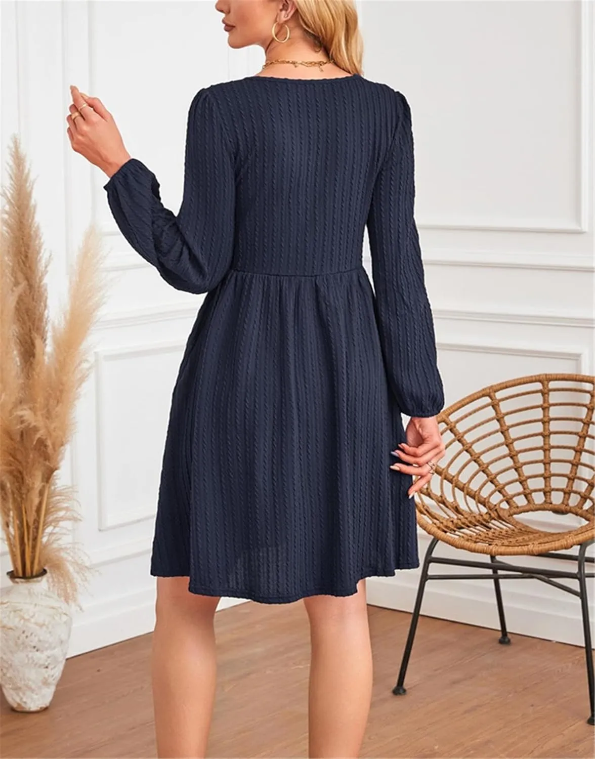 AELSON Womens Fall Dresses Crew Neck Long Sleeve A Line Winter Knit Sweater Dress Casual
