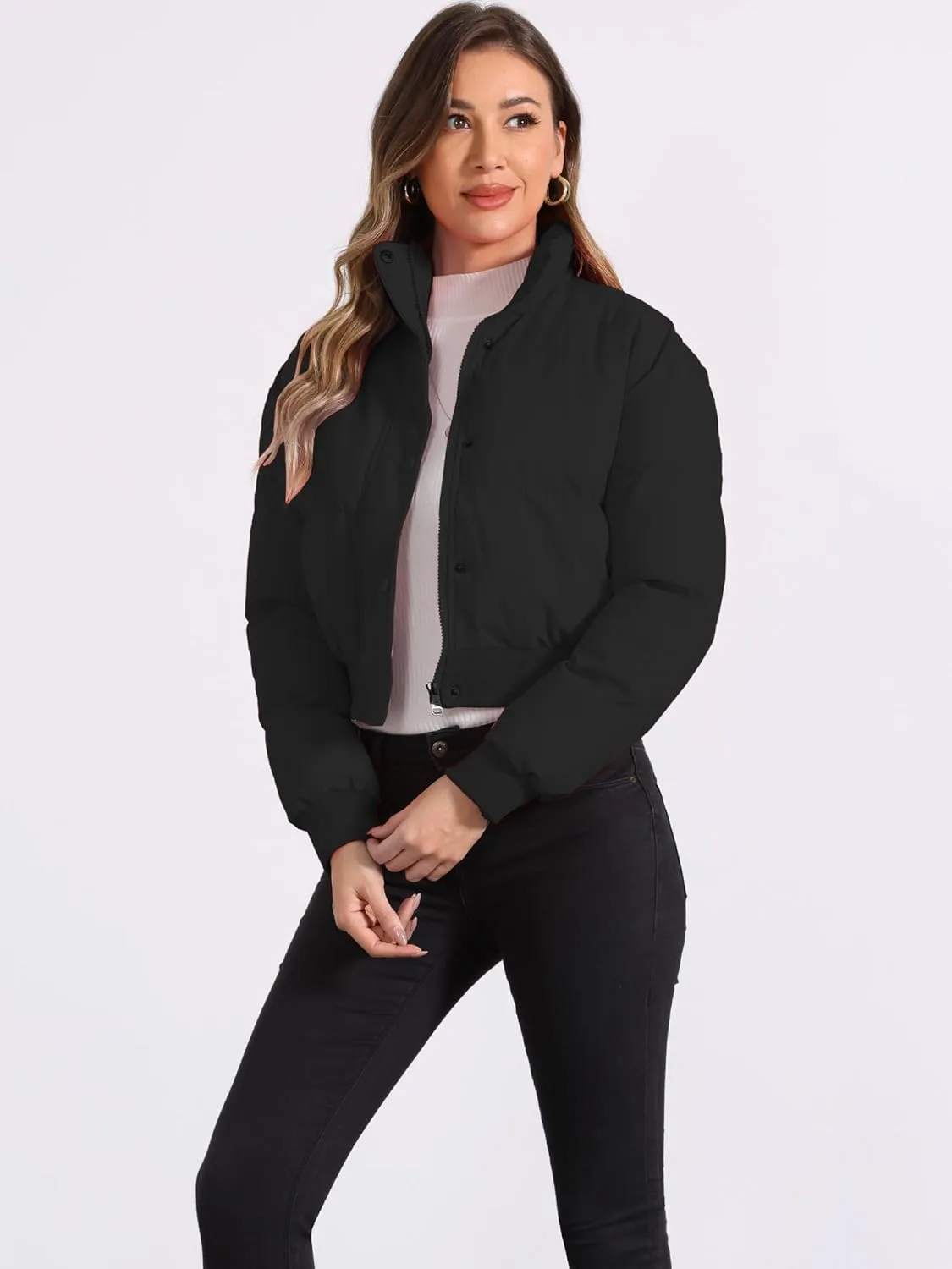 Allegra K Women's Winter Bomber Jacket Outwear Baggy Padded Cropped Lightweight Coats