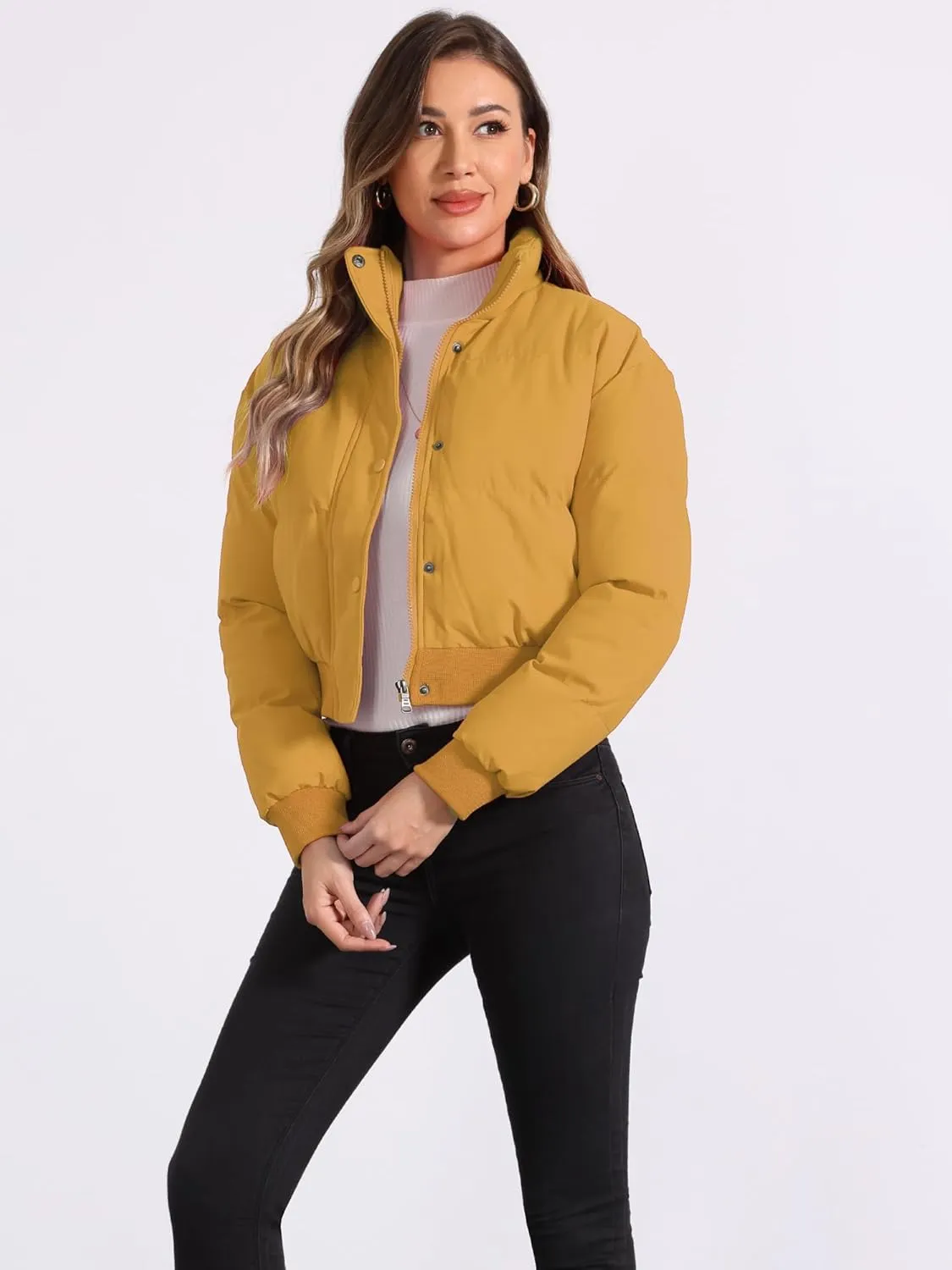 Allegra K Women's Winter Bomber Jacket Outwear Baggy Padded Cropped Lightweight Coats
