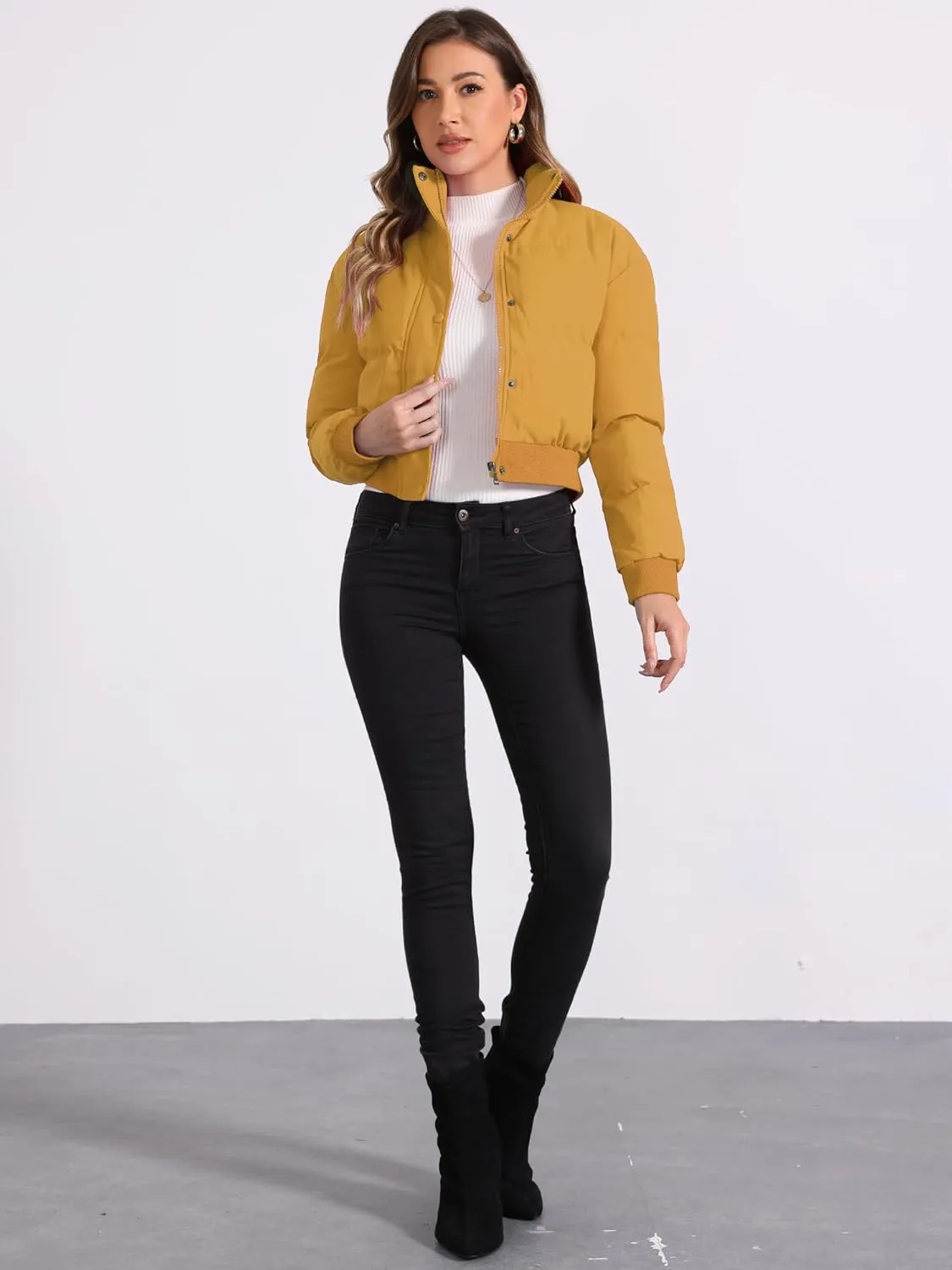 Allegra K Women's Winter Bomber Jacket Outwear Baggy Padded Cropped Lightweight Coats