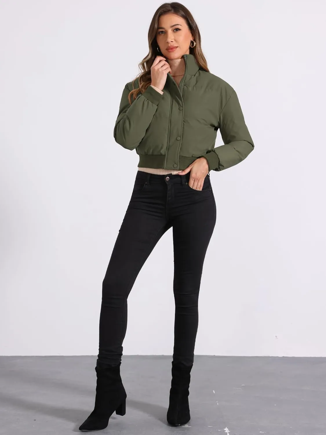 Allegra K Women's Winter Bomber Jacket Outwear Baggy Padded Cropped Lightweight Coats