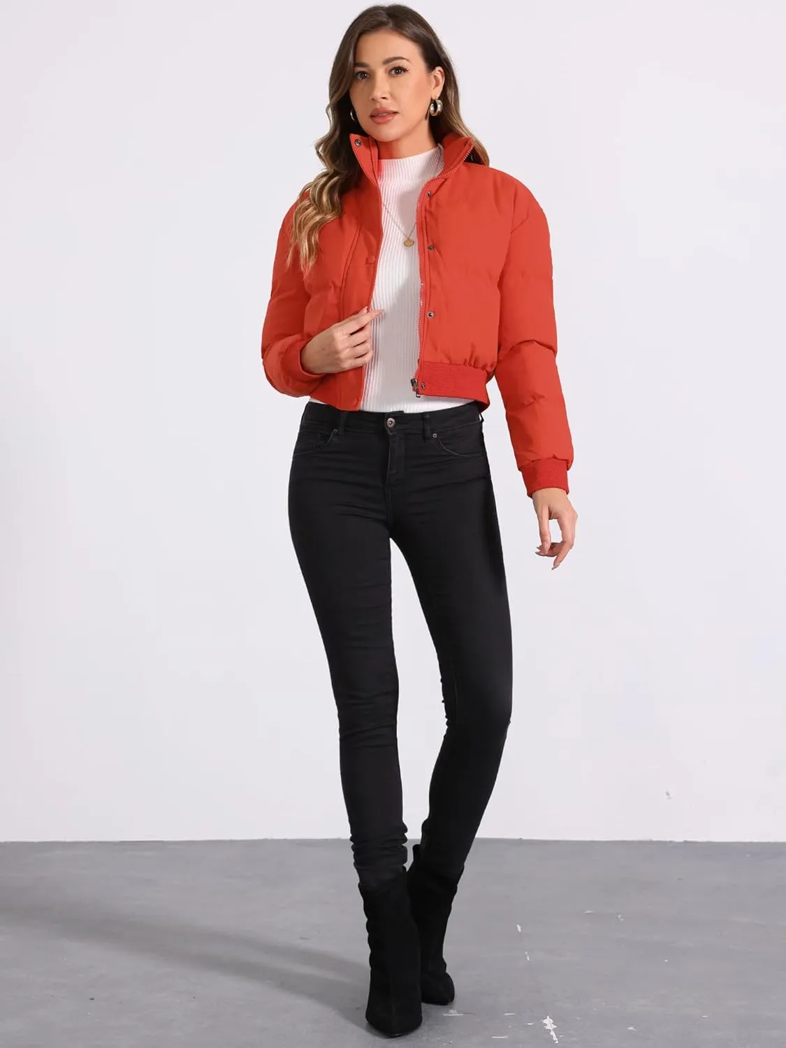 Allegra K Women's Winter Bomber Jacket Outwear Baggy Padded Cropped Lightweight Coats