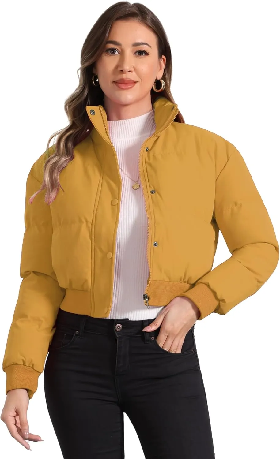 Allegra K Women's Winter Bomber Jacket Outwear Baggy Padded Cropped Lightweight Coats