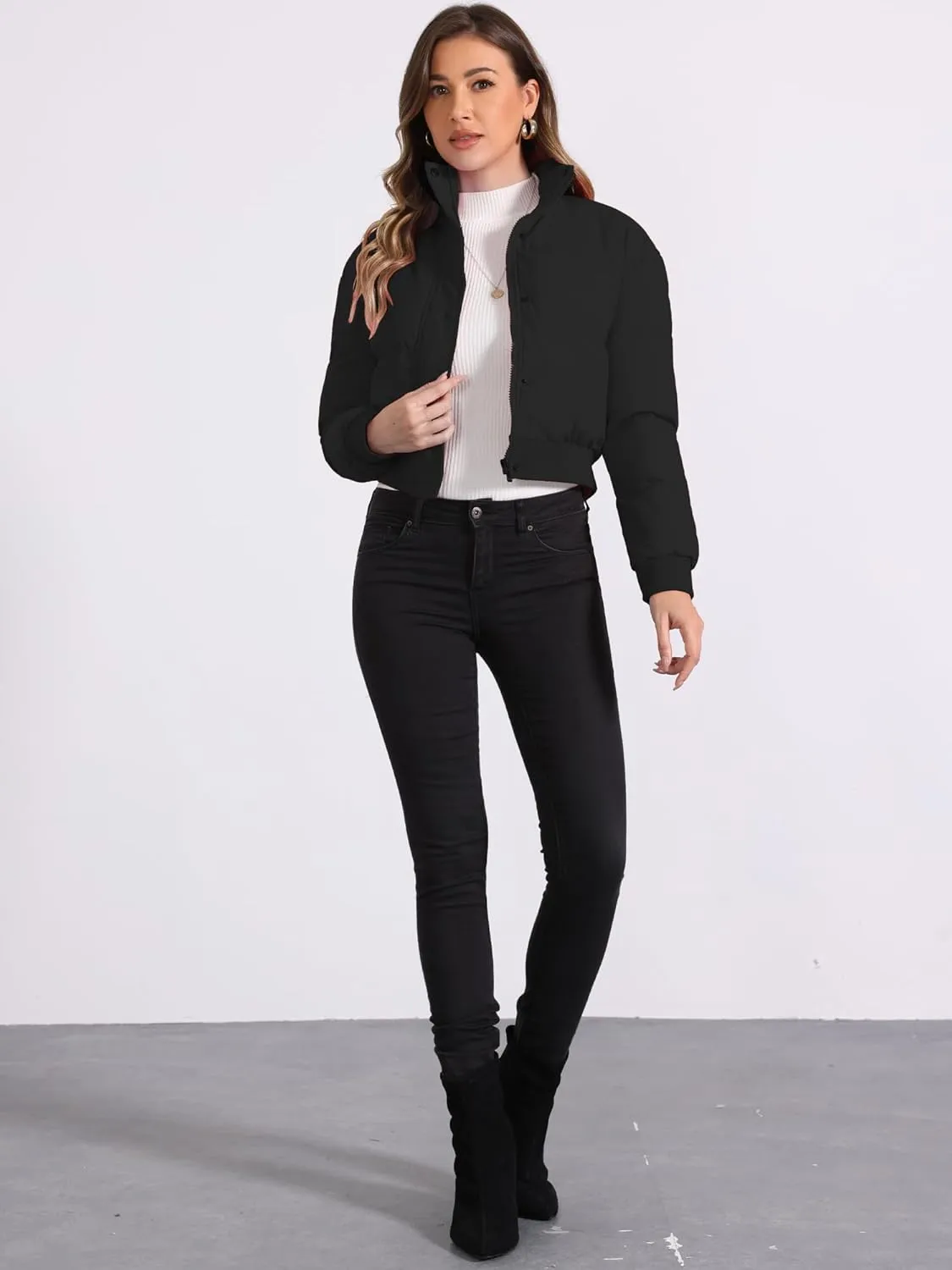 Allegra K Women's Winter Bomber Jacket Outwear Baggy Padded Cropped Lightweight Coats