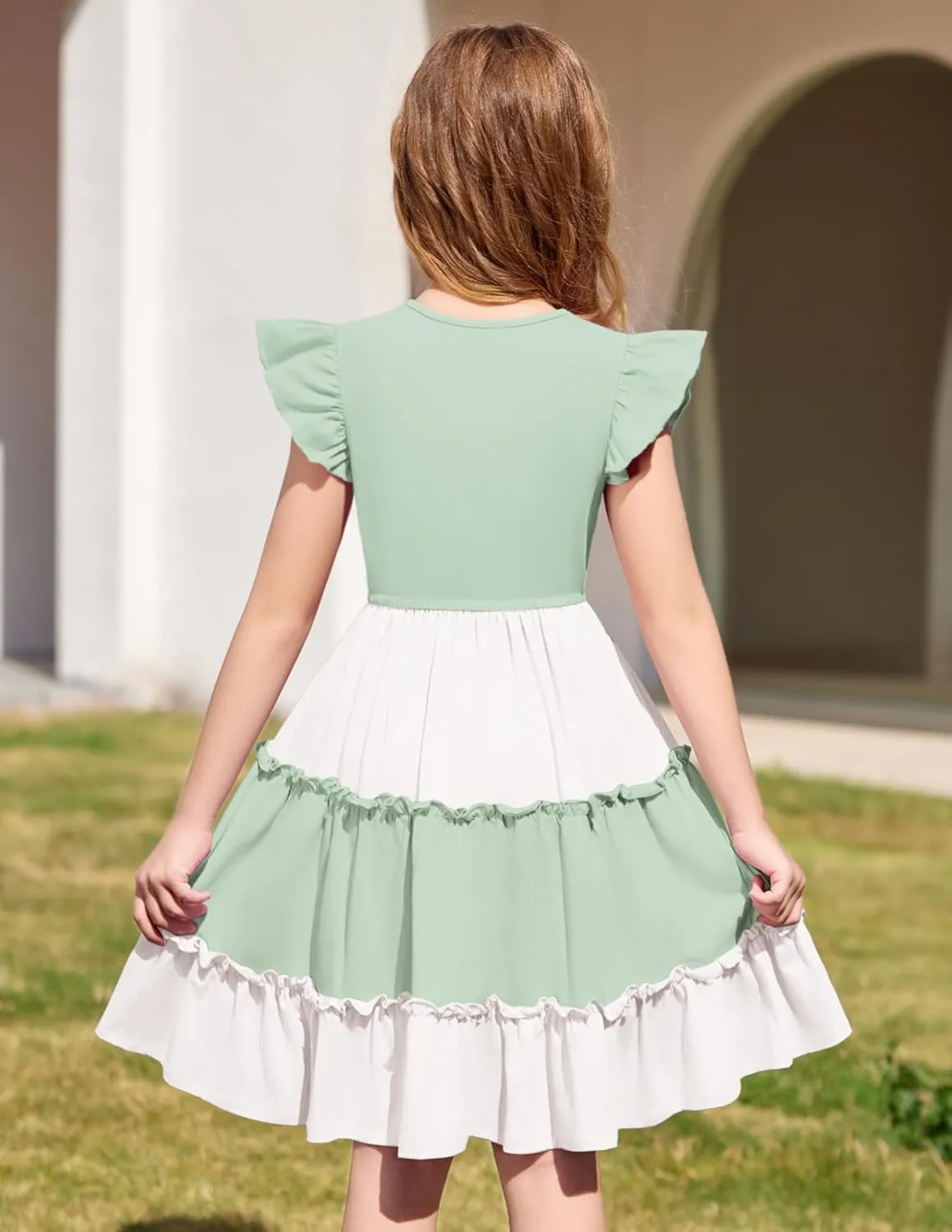 Arshiner Girl's Summer Dress Ruffle Sleeve Tiered Casual Party Dresses with Pockets 5-12 Years
