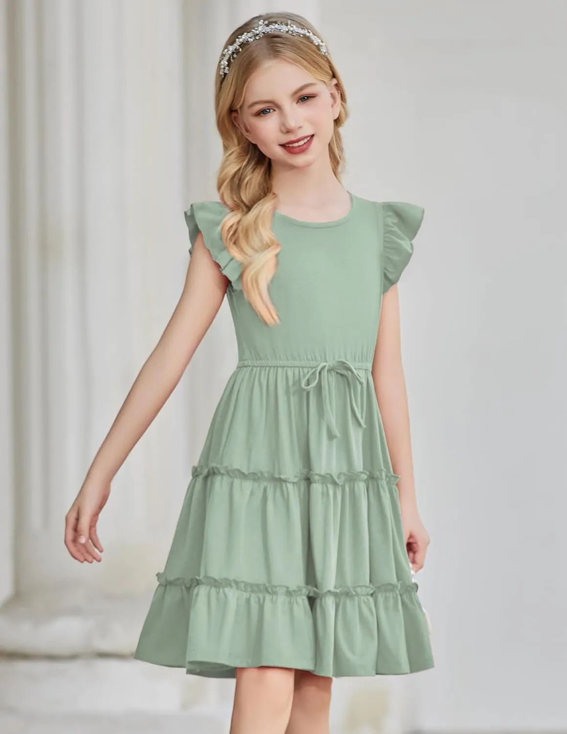 Arshiner Girl's Summer Dress Ruffle Sleeve Tiered Casual Party Dresses with Pockets 5-12 Years