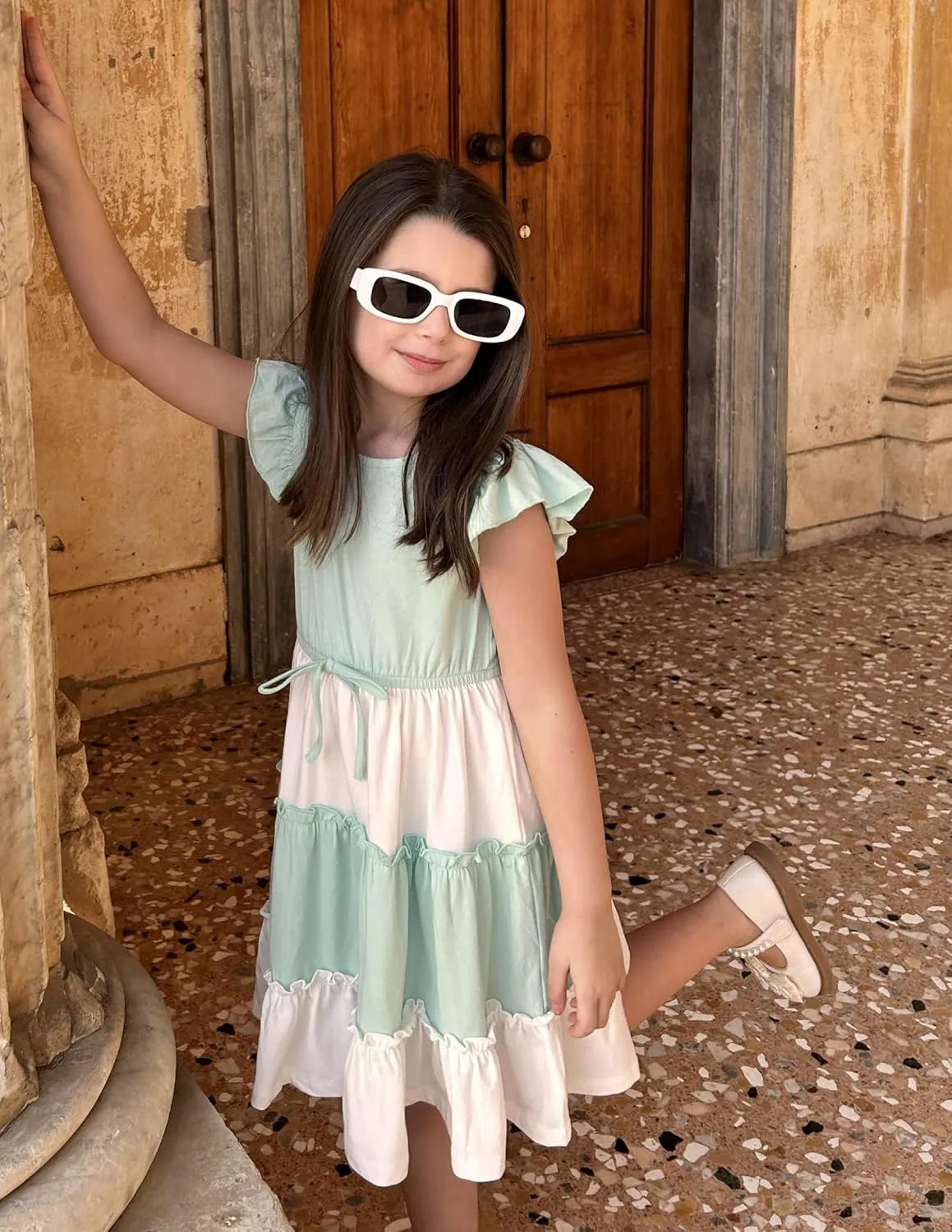 Arshiner Girl's Summer Dress Ruffle Sleeve Tiered Casual Party Dresses with Pockets 5-12 Years