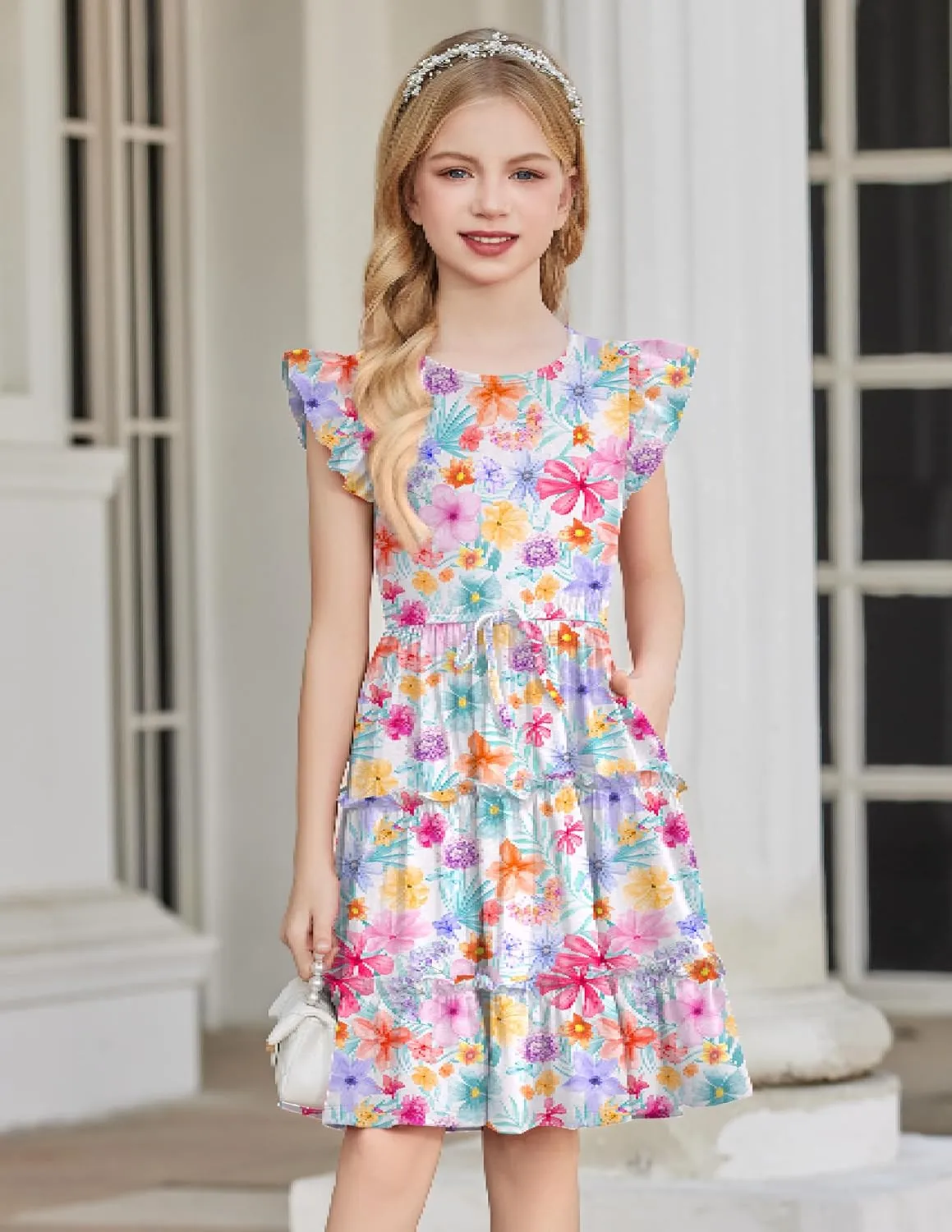 Arshiner Girl's Summer Dress Ruffle Sleeve Tiered Casual Party Dresses with Pockets 5-12 Years
