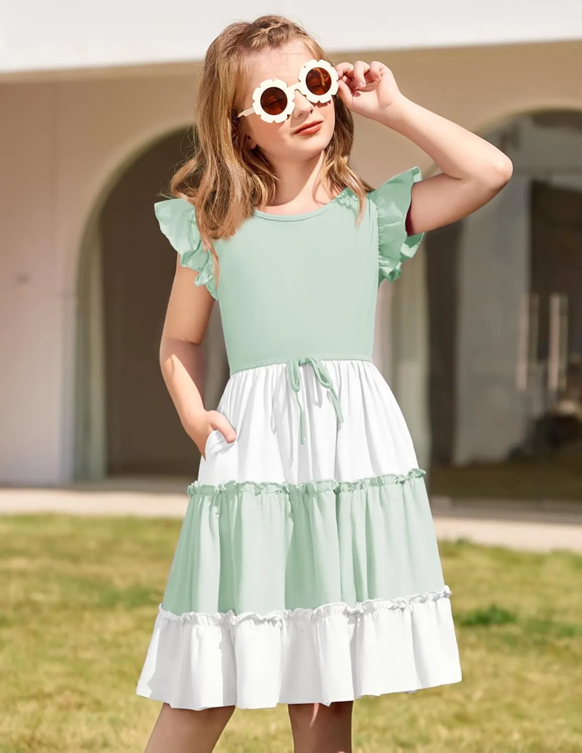 Arshiner Girl's Summer Dress Ruffle Sleeve Tiered Casual Party Dresses with Pockets 5-12 Years