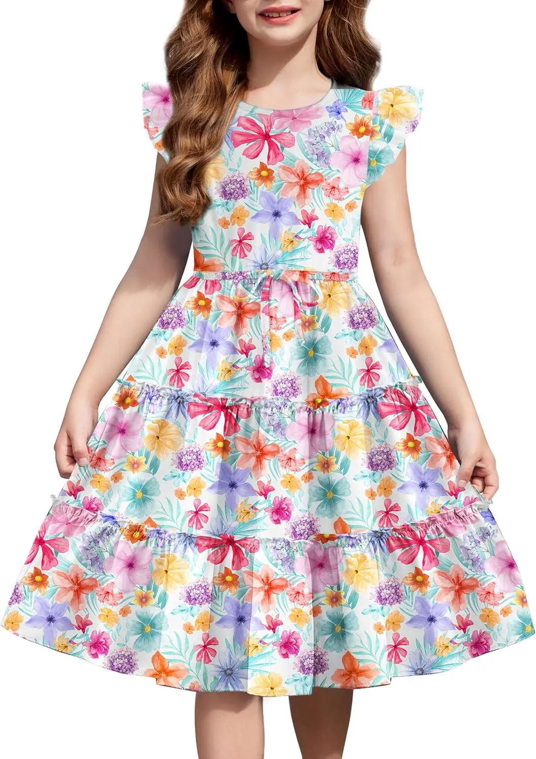 Arshiner Girl's Summer Dress Ruffle Sleeve Tiered Casual Party Dresses with Pockets 5-12 Years