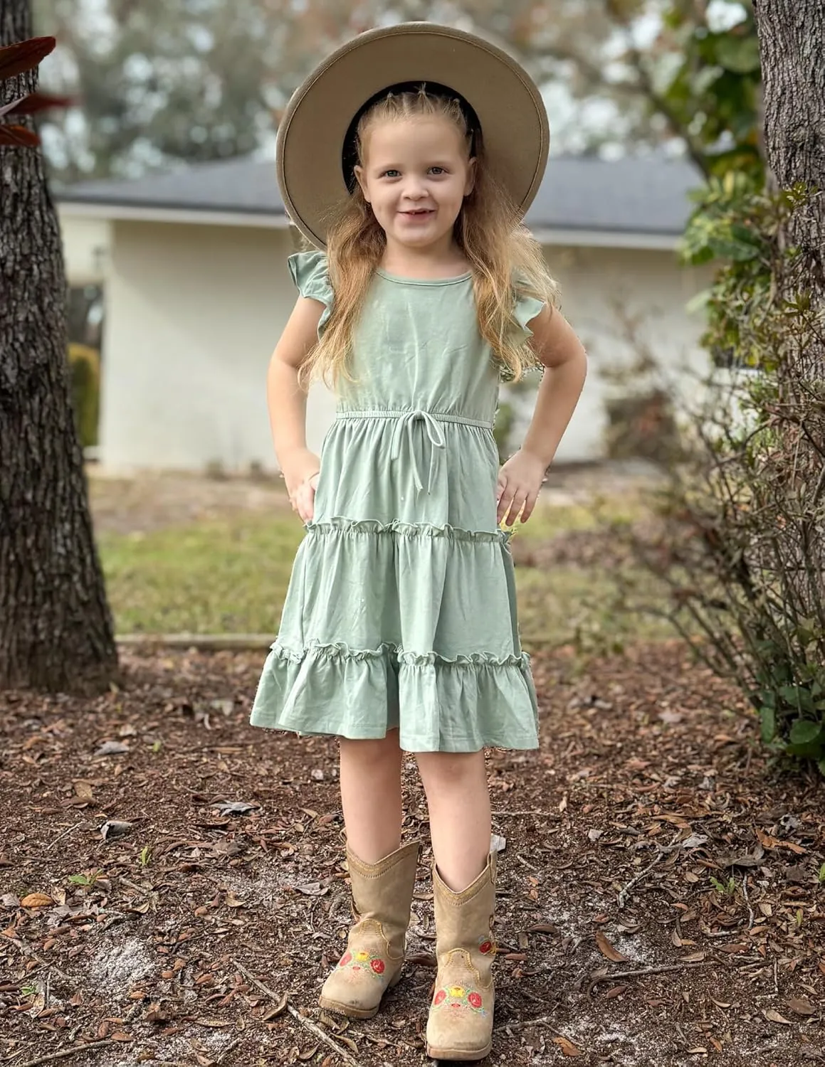 Arshiner Girl's Summer Dress Ruffle Sleeve Tiered Casual Party Dresses with Pockets 5-12 Years