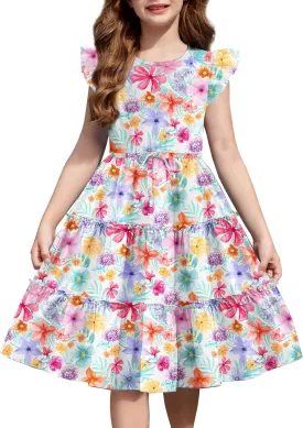 Arshiner Girl's Summer Dress Ruffle Sleeve Tiered Casual Party Dresses with Pockets 5-12 Years