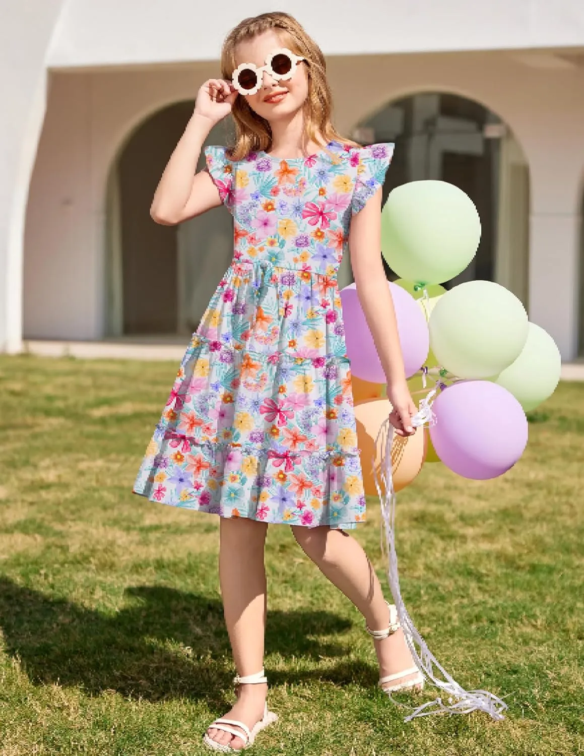 Arshiner Girl's Summer Dress Ruffle Sleeve Tiered Casual Party Dresses with Pockets 5-12 Years