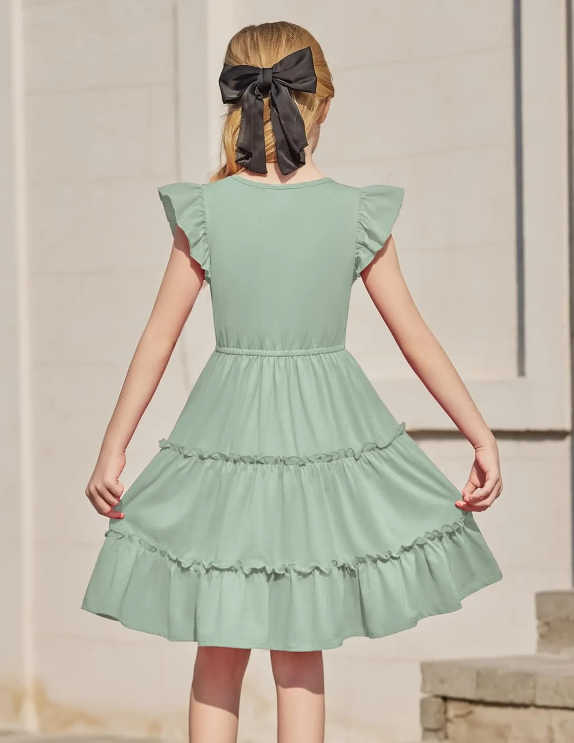 Arshiner Girl's Summer Dress Ruffle Sleeve Tiered Casual Party Dresses with Pockets 5-12 Years