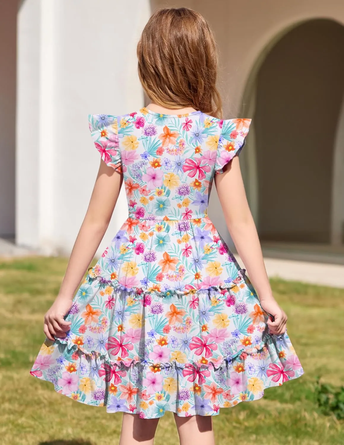 Arshiner Girl's Summer Dress Ruffle Sleeve Tiered Casual Party Dresses with Pockets 5-12 Years
