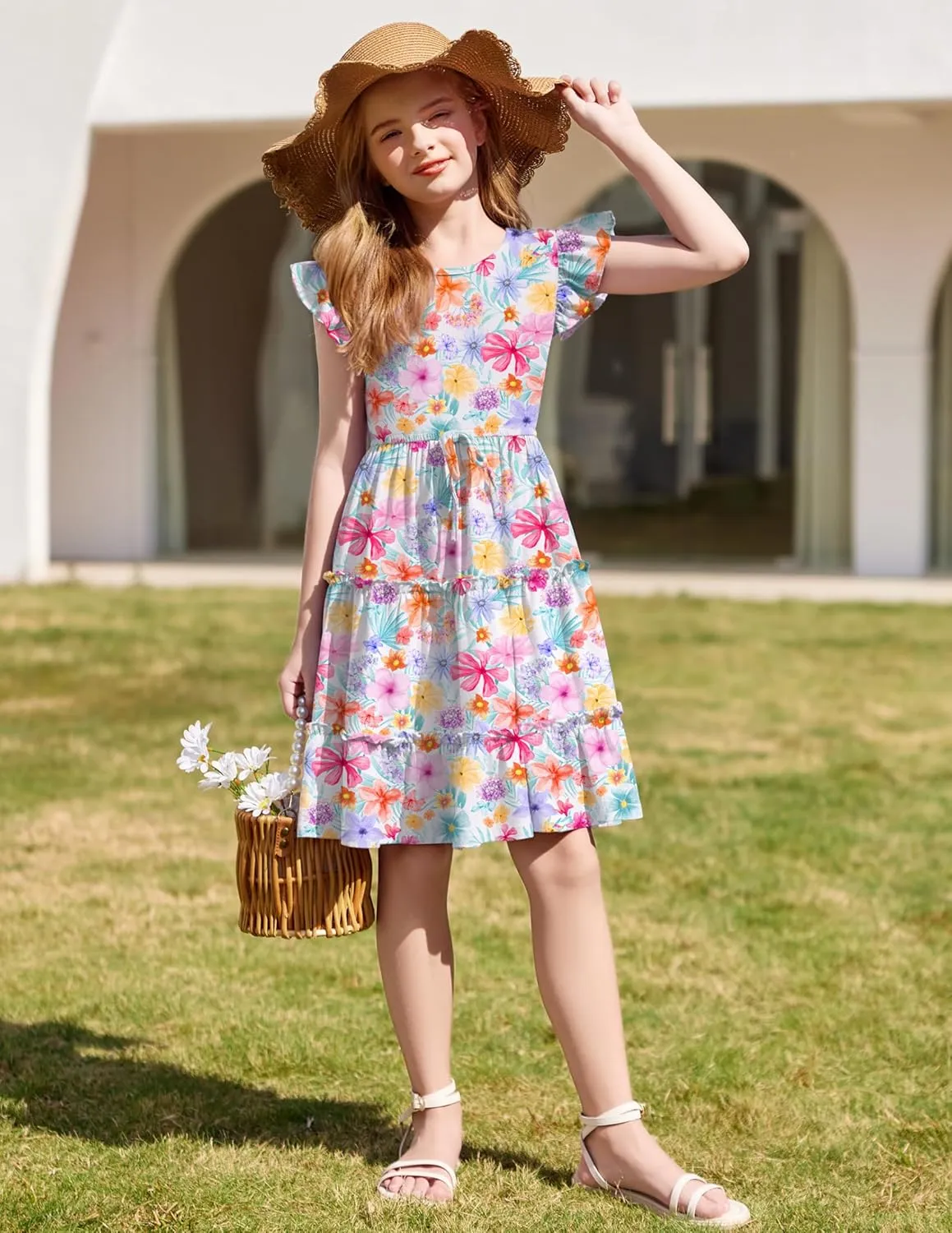 Arshiner Girl's Summer Dress Ruffle Sleeve Tiered Casual Party Dresses with Pockets 5-12 Years