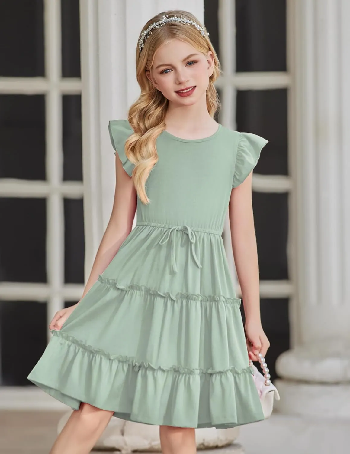 Arshiner Girl's Summer Dress Ruffle Sleeve Tiered Casual Party Dresses with Pockets 5-12 Years