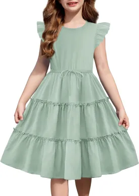 Arshiner Girl's Summer Dress Ruffle Sleeve Tiered Casual Party Dresses with Pockets 5-12 Years
