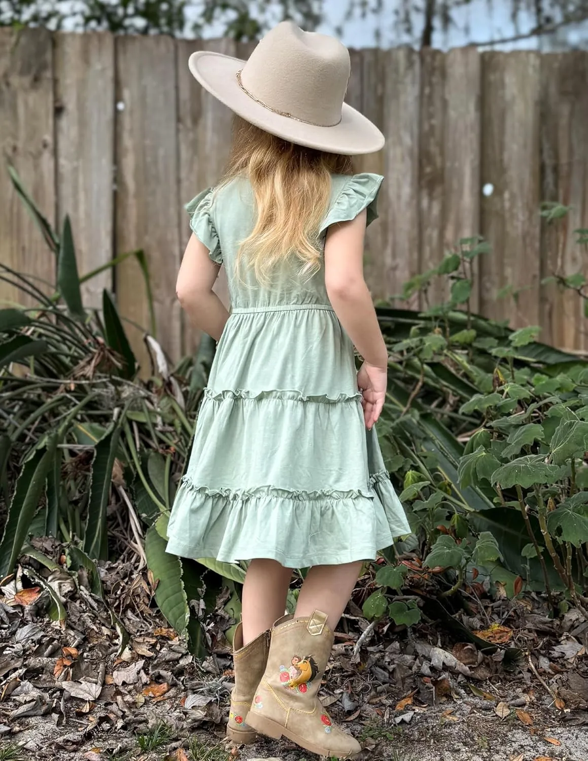 Arshiner Girl's Summer Dress Ruffle Sleeve Tiered Casual Party Dresses with Pockets 5-12 Years