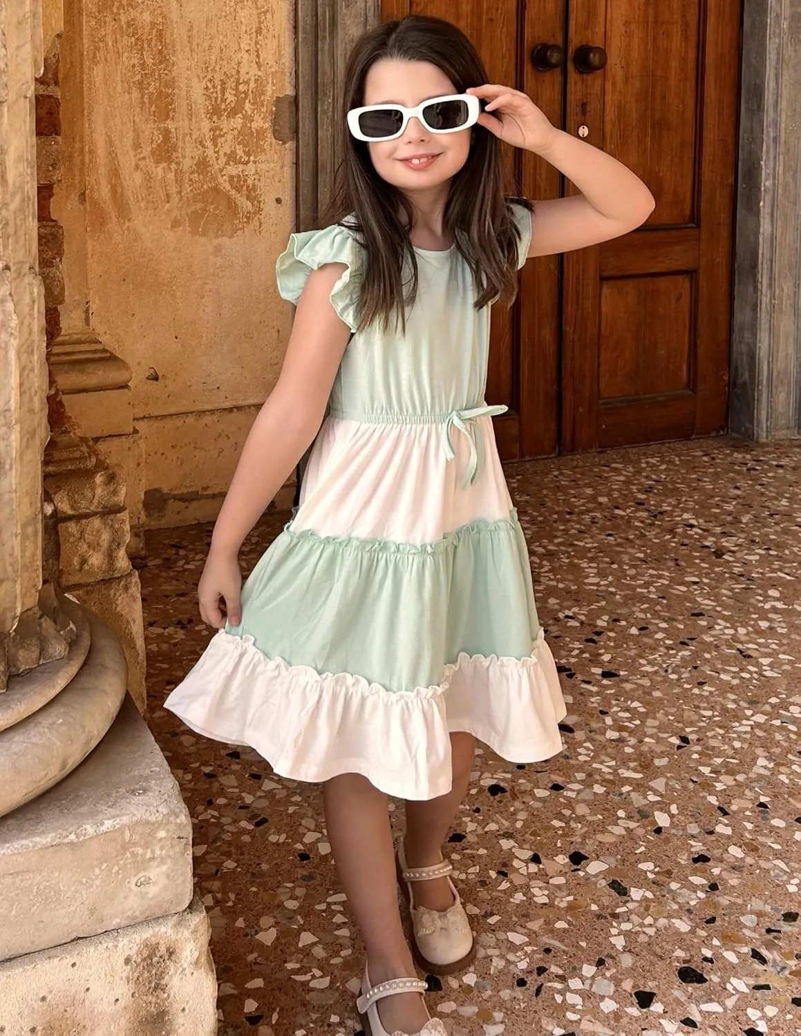 Arshiner Girl's Summer Dress Ruffle Sleeve Tiered Casual Party Dresses with Pockets 5-12 Years