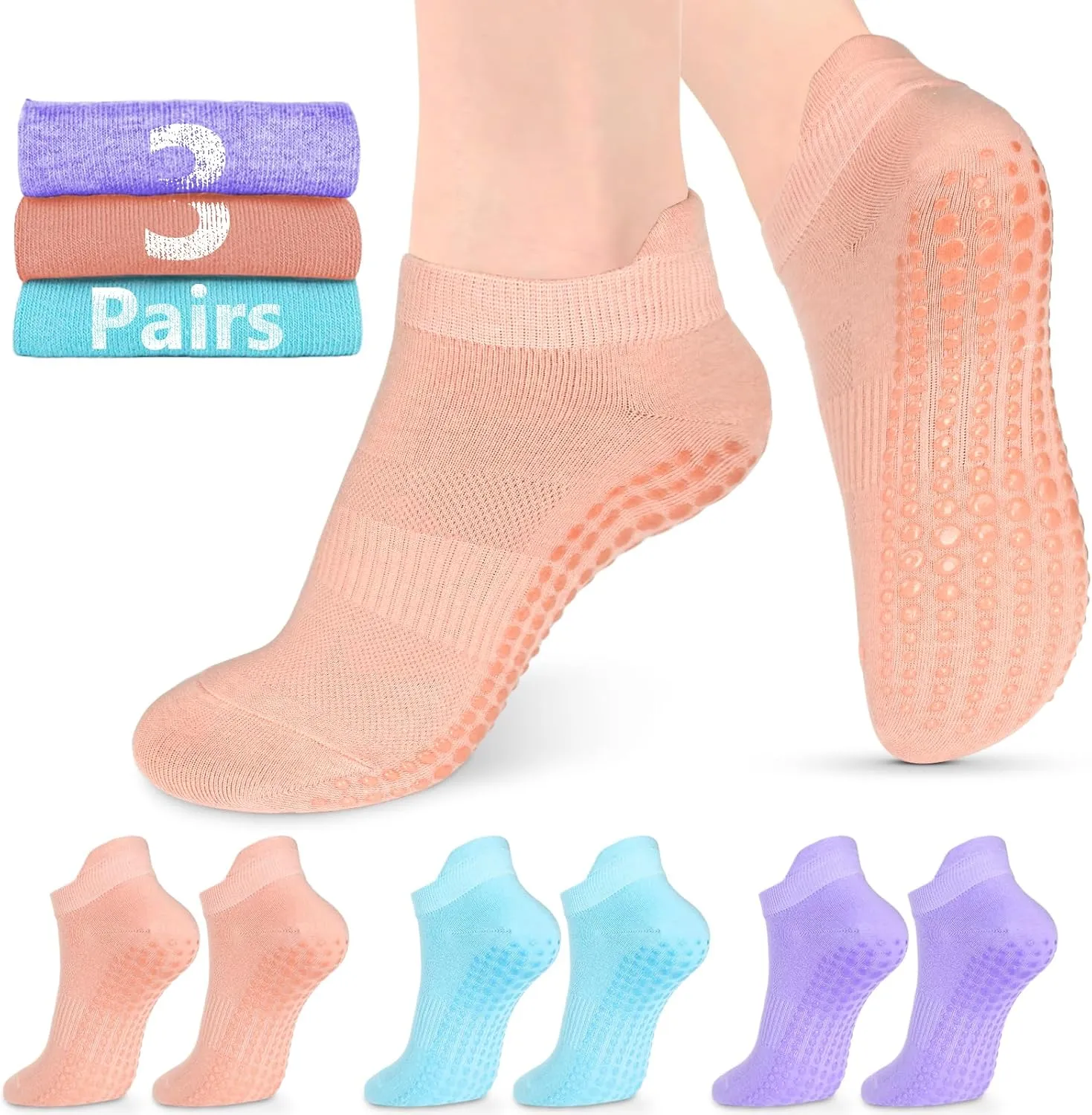 AURUZA Grip Socks for Women Men Pilates Grip Socks Non Slip Yoga Sock with Grips for Barre Barefoot Hospital Grippy Sock