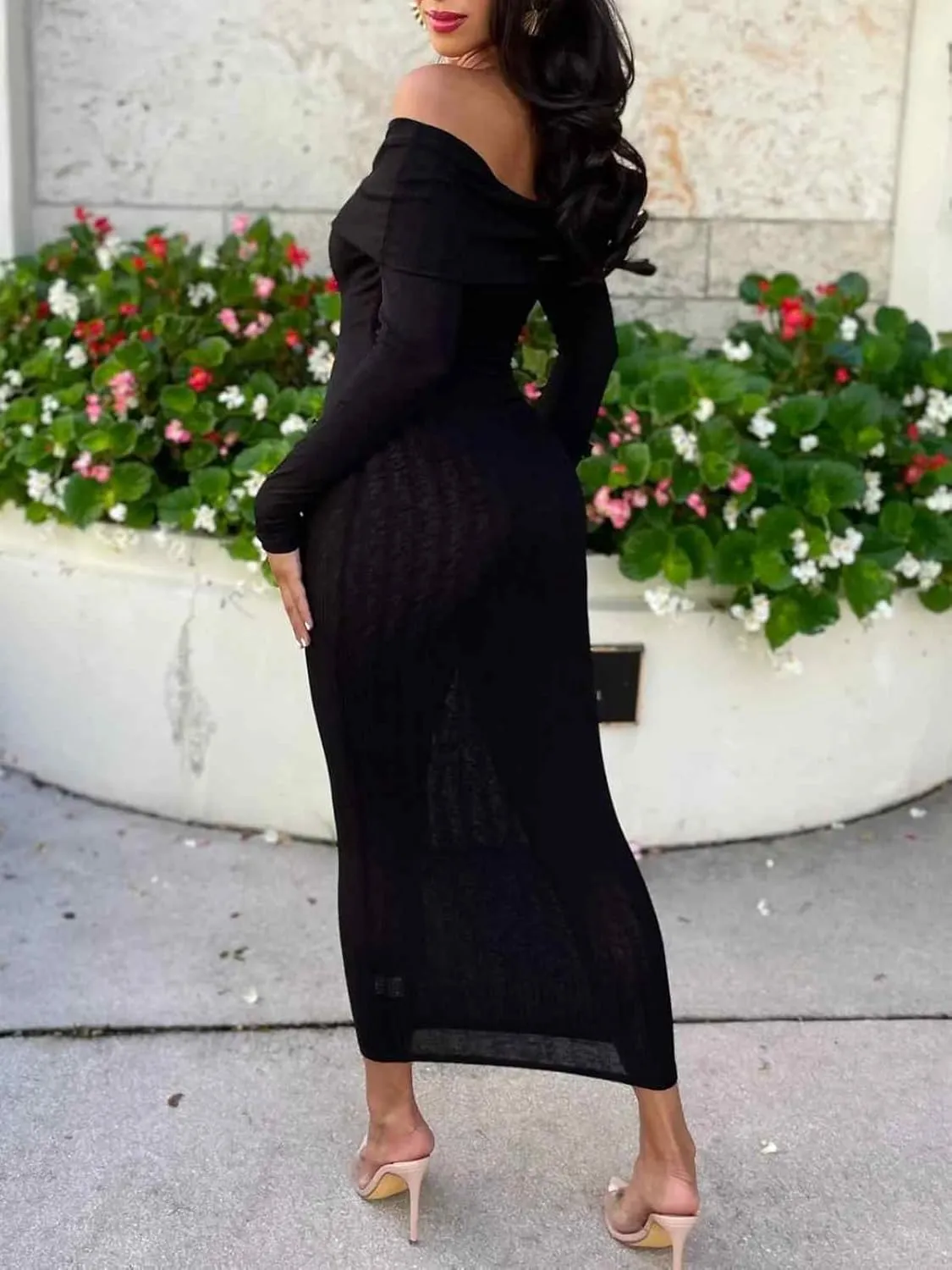 Bluewolfsea Womens Sexy Off Shoulder Ribbed Bodycon Maxi Dress Long Sleeve Ruched Cocktail Party Club Long Dress