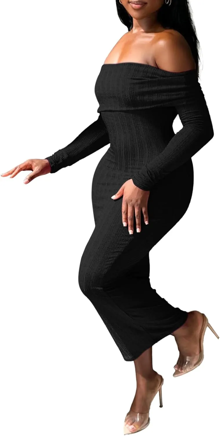 Bluewolfsea Womens Sexy Off Shoulder Ribbed Bodycon Maxi Dress Long Sleeve Ruched Cocktail Party Club Long Dress