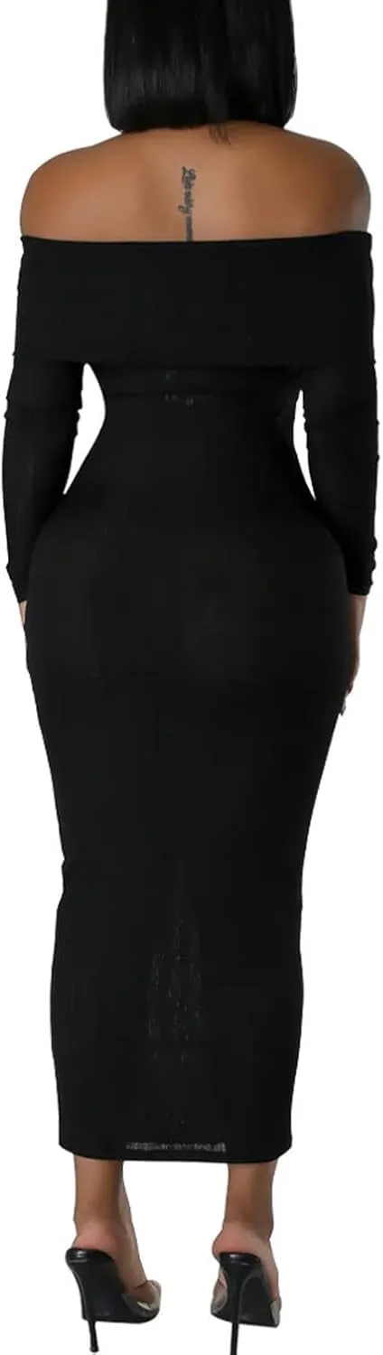 Bluewolfsea Womens Sexy Off Shoulder Ribbed Bodycon Maxi Dress Long Sleeve Ruched Cocktail Party Club Long Dress