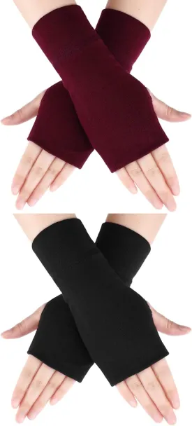 Blulu 2 Pairs Fingerless Gloves Women Man Stretchy Knitted Gloves Thumb Hole Mittens Wrist Length Arm Warmers