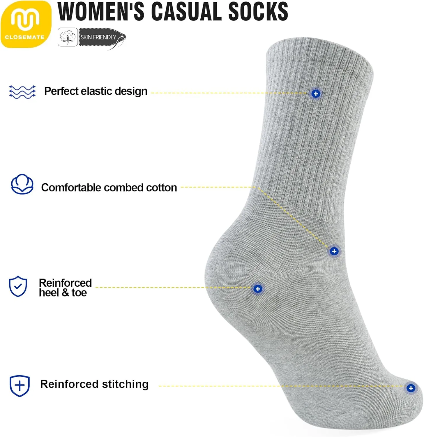 CLOSEMATE Womens Calf Crew Socks Comfortable Soft Cotton and Lightweight 5 Pairs