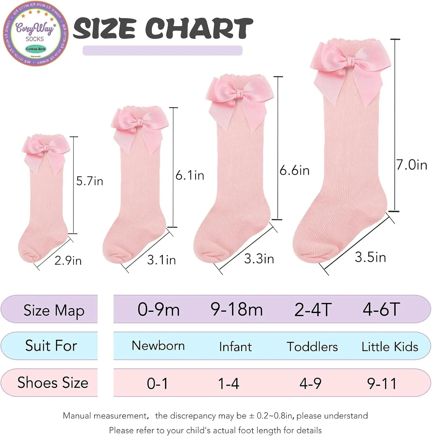 CozyWay Baby & Toddler Knee High Bow Socks For Girls - Multi Color - 3 Pack