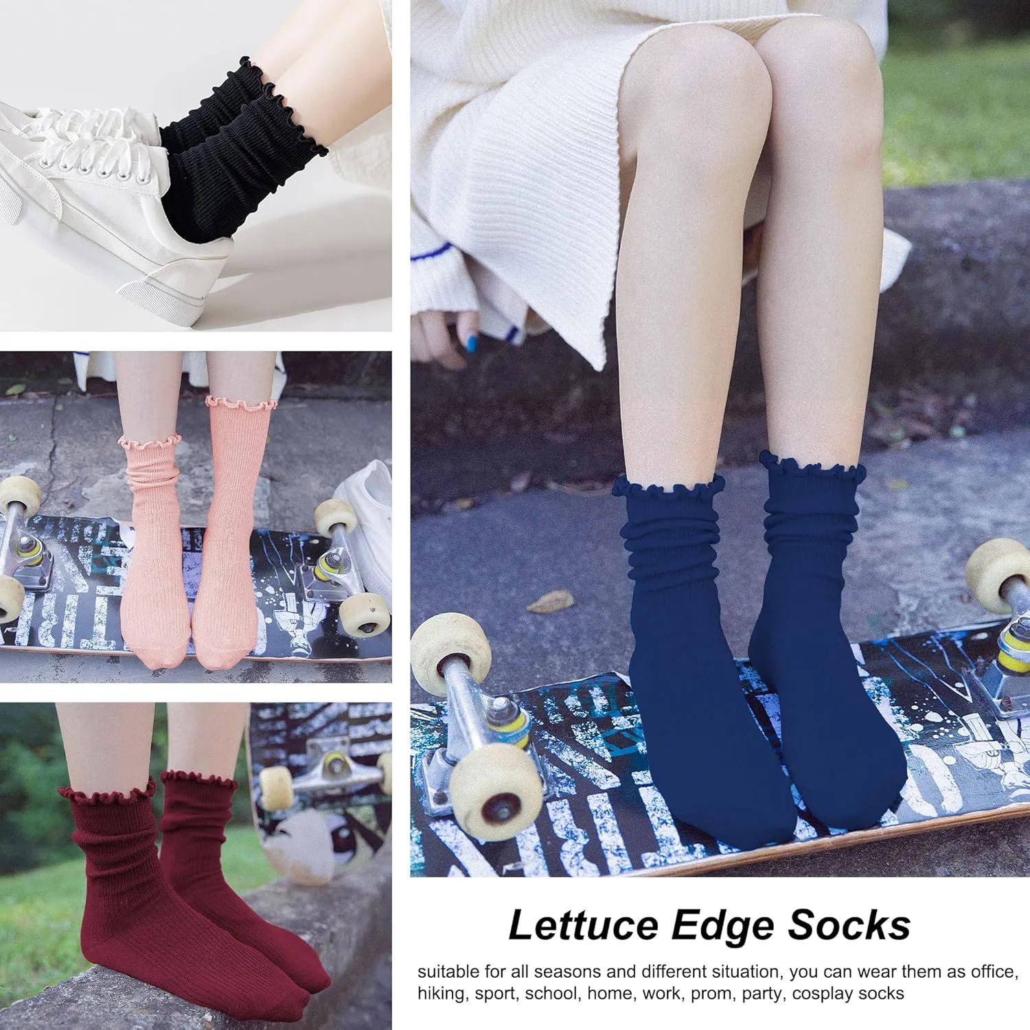 DOOVID Womens Socks Cute Ruffle Socks Cotton Turn-Cuff Frilly Crew Socks Slouch Casual Socks for Women