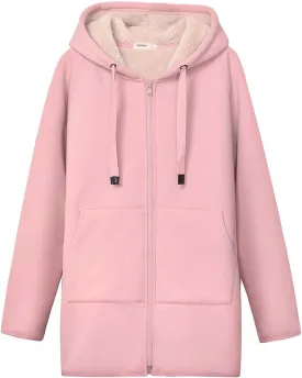 Gihuo Women's Winter Coat Sherpa Lined Zip Hoodie Long Sweatshirt Warm Fleece Lining Heavyweight Hooded Jacket
