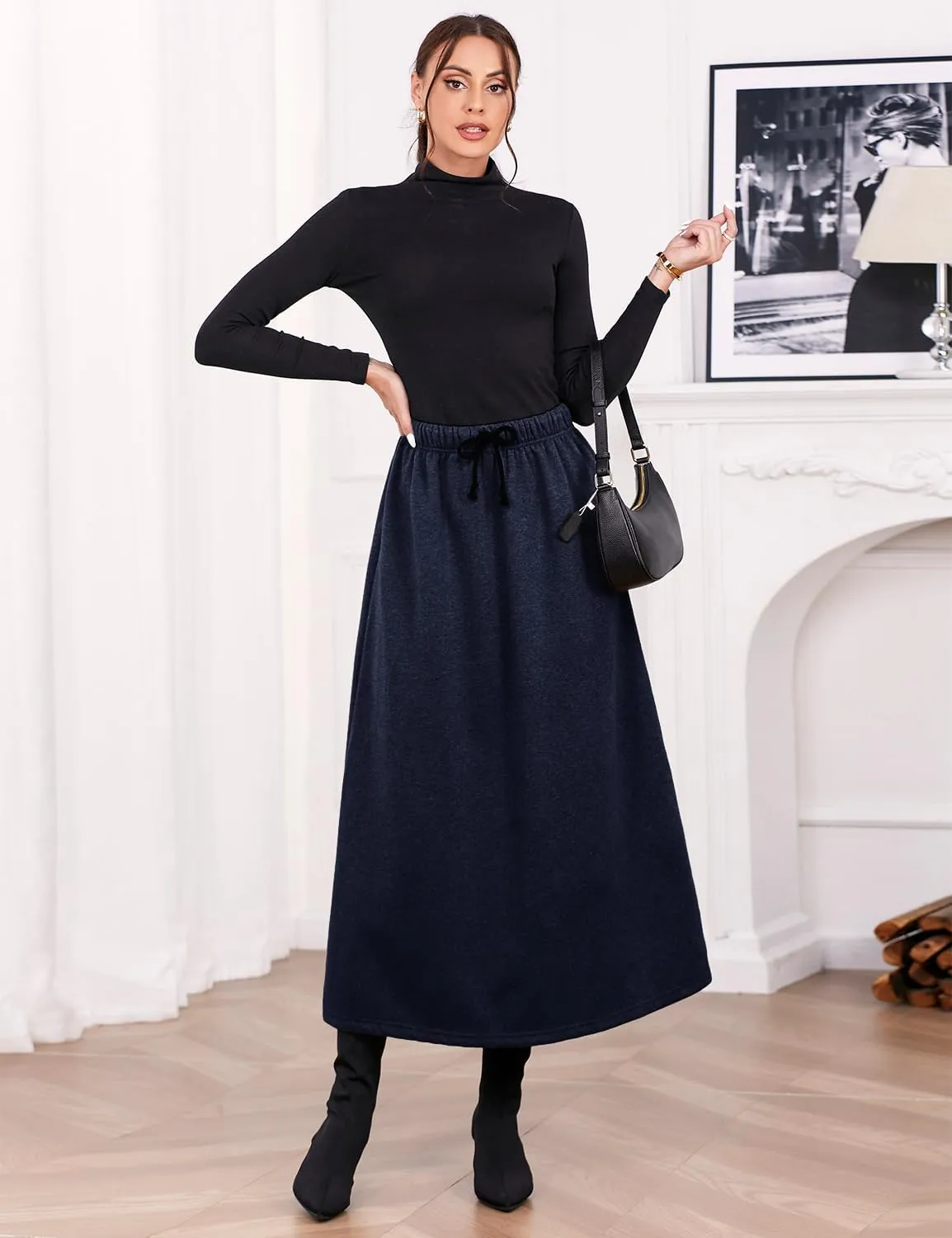 IDEALSANXUN Women's Fall Winter Fleece Lined Elastic Waist Long Skirts with Drawstring
