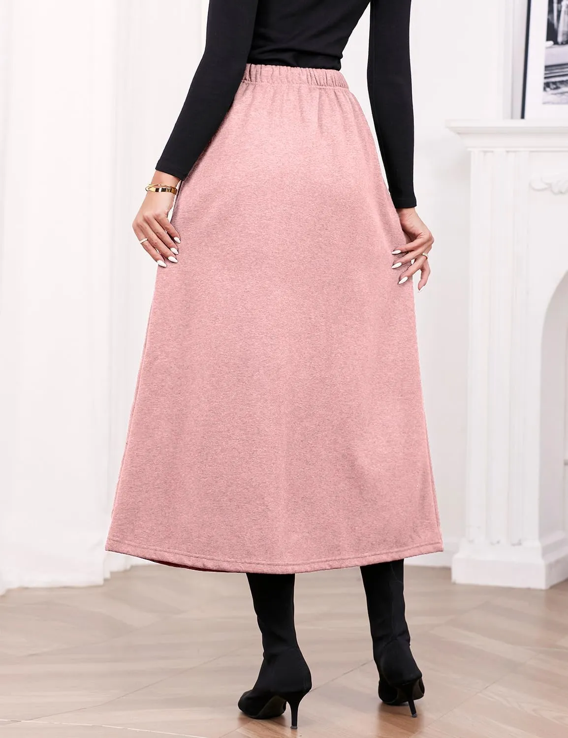 IDEALSANXUN Women's Fall Winter Fleece Lined Elastic Waist Long Skirts with Drawstring
