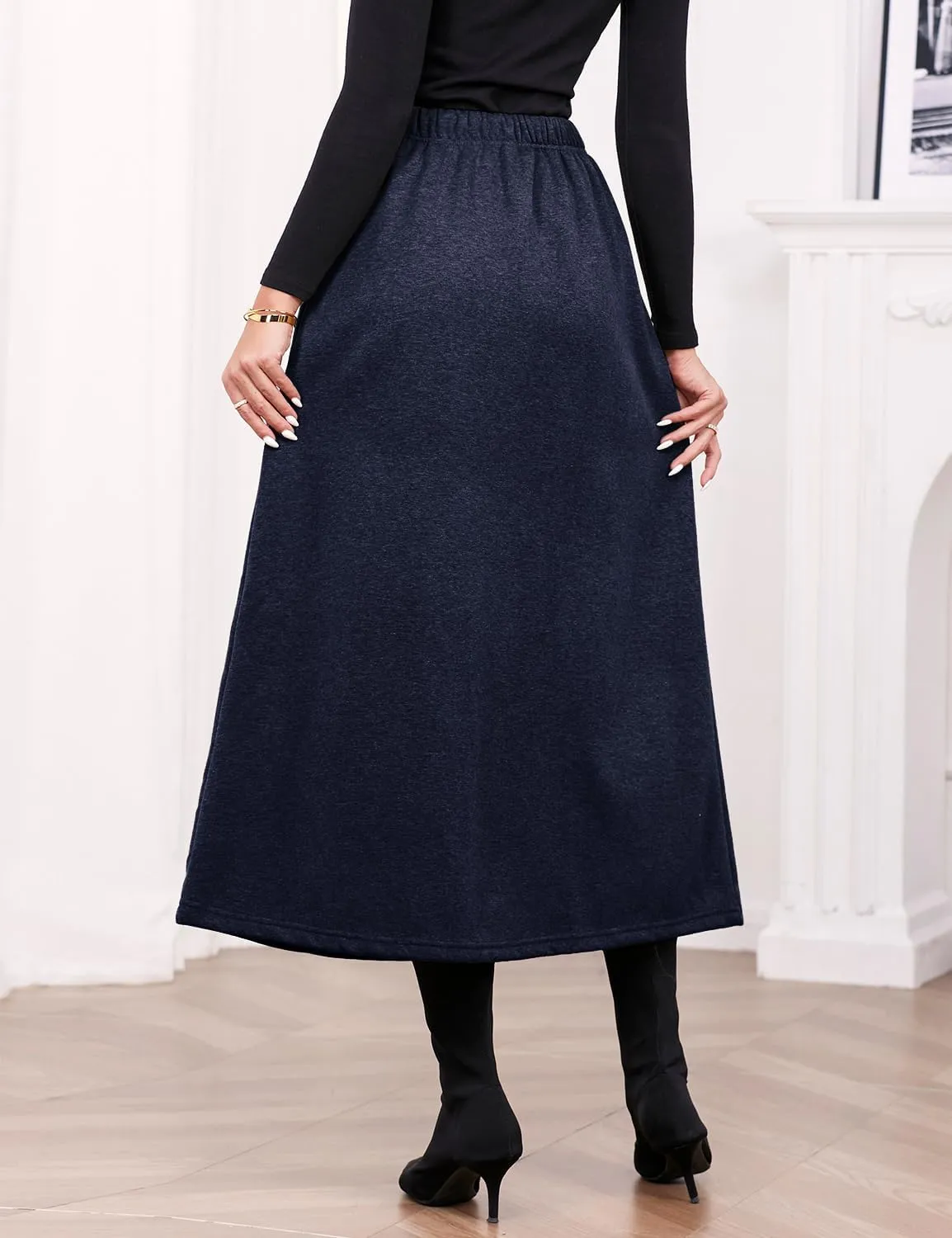 IDEALSANXUN Women's Fall Winter Fleece Lined Elastic Waist Long Skirts with Drawstring