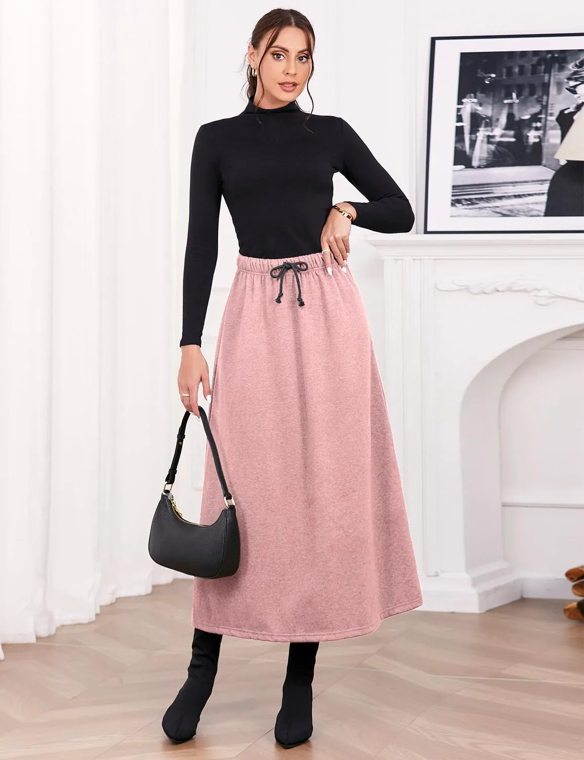 IDEALSANXUN Women's Fall Winter Fleece Lined Elastic Waist Long Skirts with Drawstring