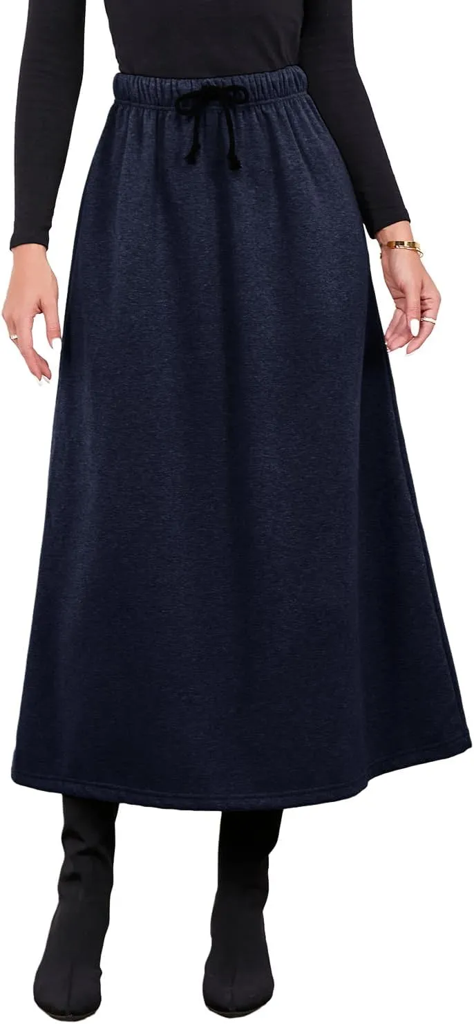 IDEALSANXUN Women's Fall Winter Fleece Lined Elastic Waist Long Skirts with Drawstring