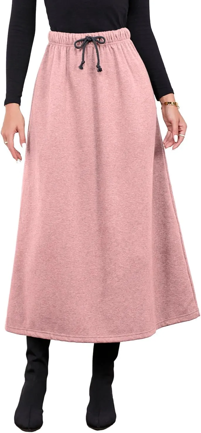 IDEALSANXUN Women's Fall Winter Fleece Lined Elastic Waist Long Skirts with Drawstring