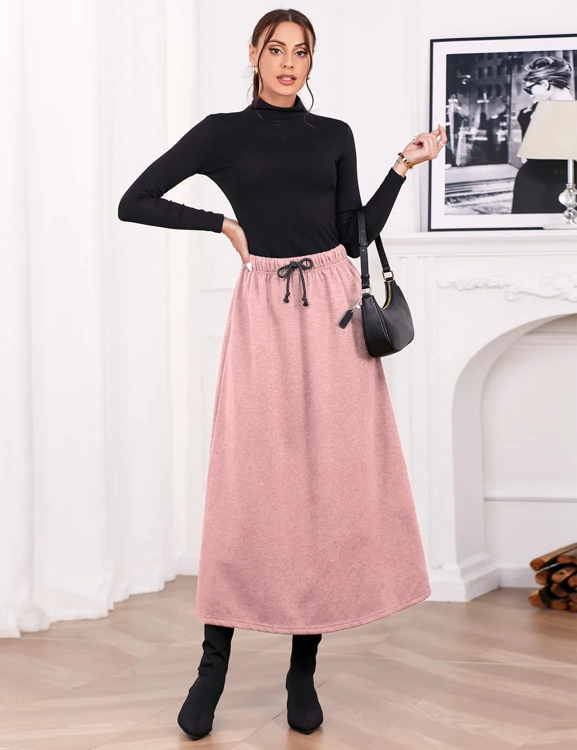 IDEALSANXUN Women's Fall Winter Fleece Lined Elastic Waist Long Skirts with Drawstring