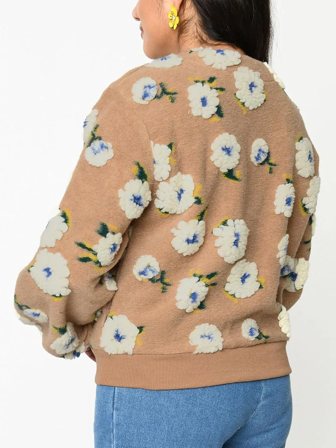 KANSOON Wool Coats for Women Floral Puff Sleeve Single Breasted Short Fall Winter Jacket