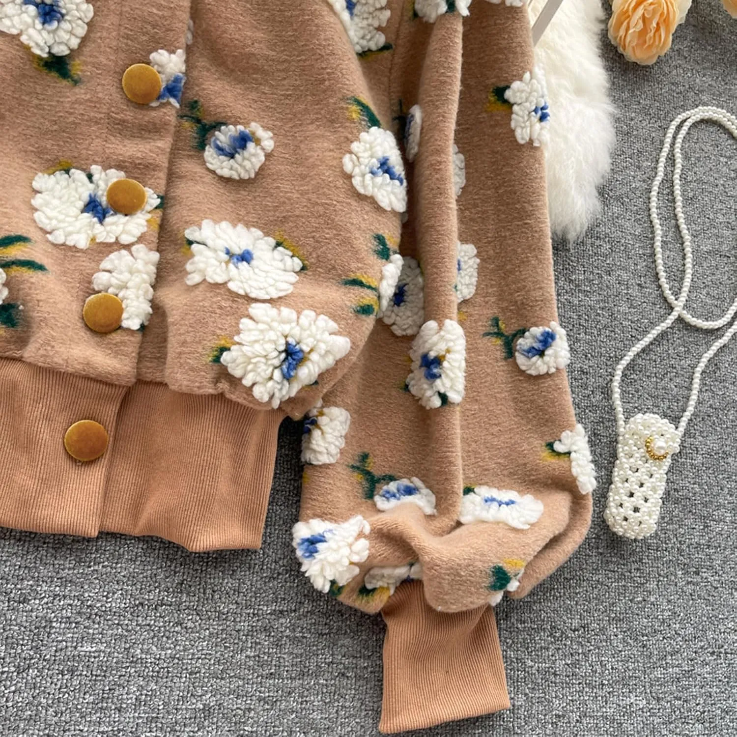 KANSOON Wool Coats for Women Floral Puff Sleeve Single Breasted Short Fall Winter Jacket