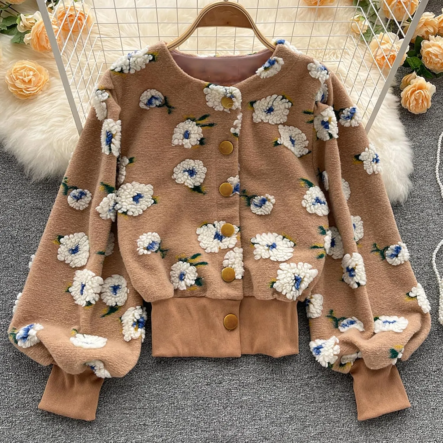 KANSOON Wool Coats for Women Floral Puff Sleeve Single Breasted Short Fall Winter Jacket