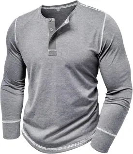 Men's Henley Shirts Cotton Button Down Shirts Long Sleeve Pullover Shirts Casual Stylish Solid Baggy Shirts