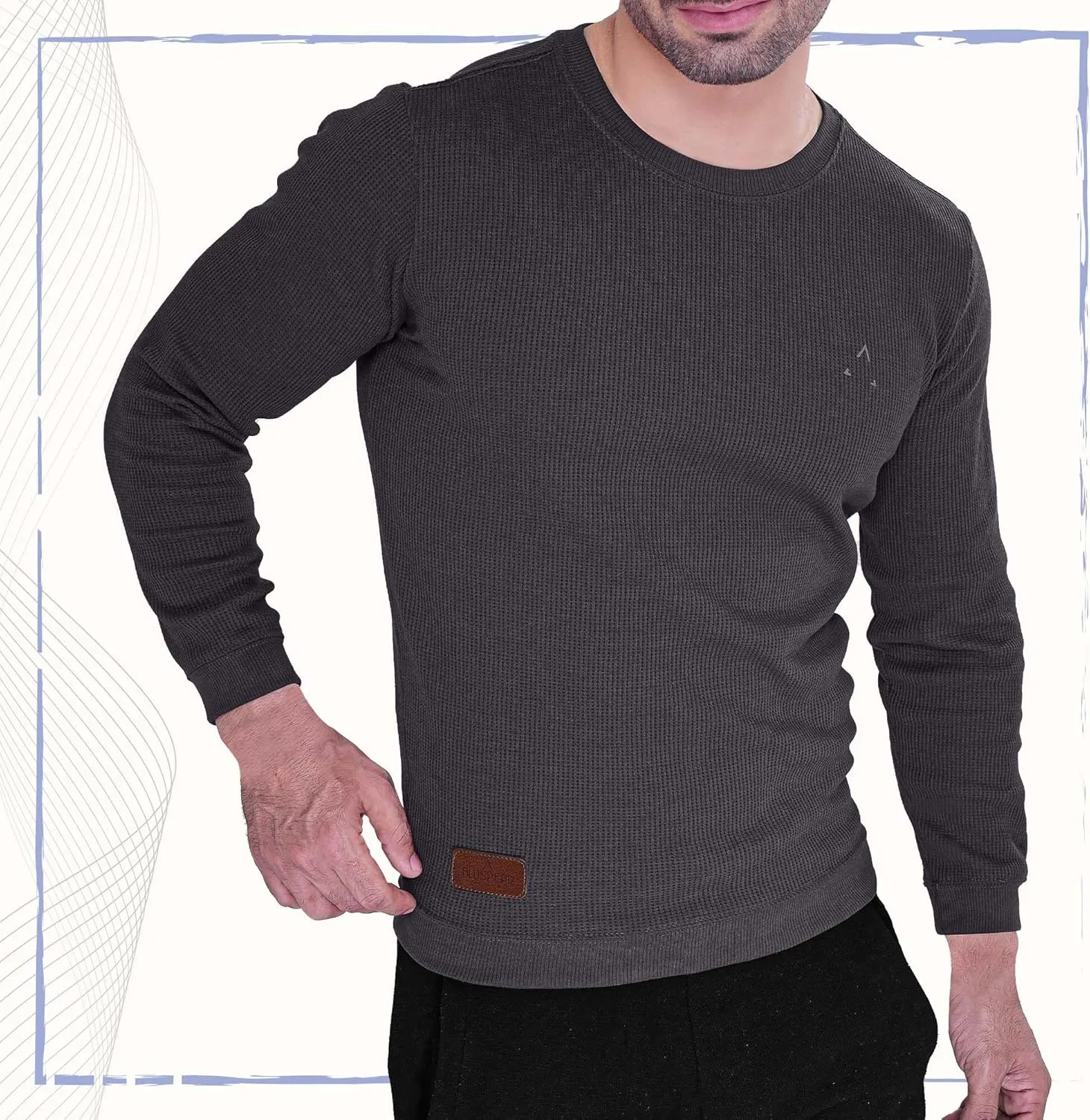 Men's Long Sleeve Waffle Thermal Shirt Top, Knitted Sweater, Sweatshirt for Men