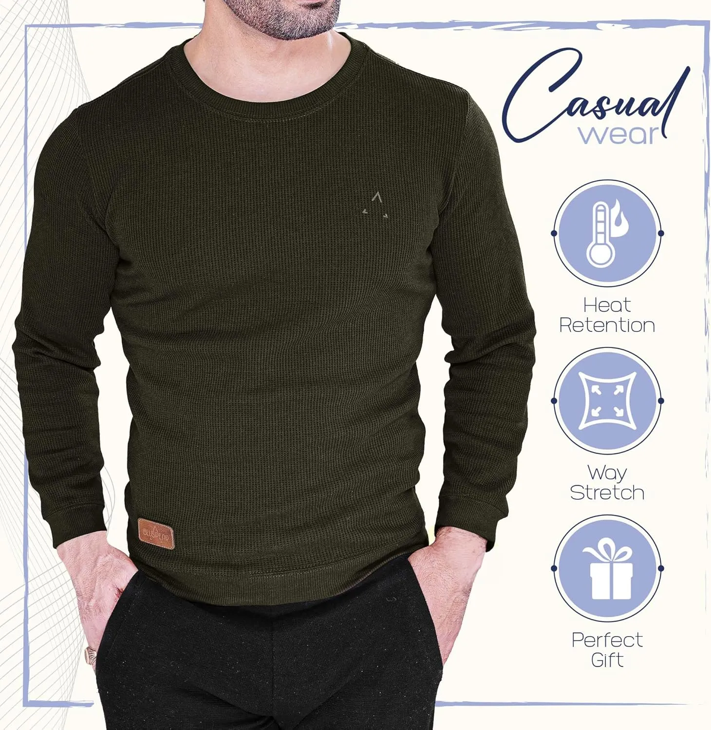 Men's Long Sleeve Waffle Thermal Shirt Top, Knitted Sweater, Sweatshirt for Men
